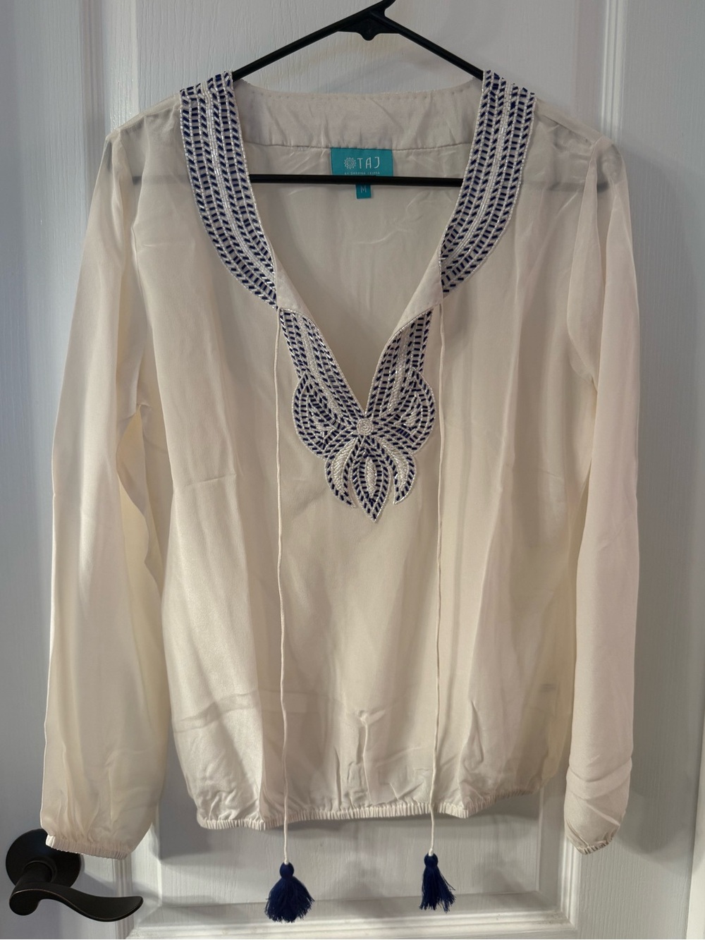 TAJ by Sabrina Crippa Embellished Beaded Blue/White Long Sleeve Blouse Medium